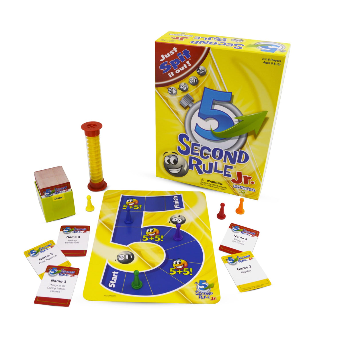 5 Second Rule Jr. game box and cards on a table for quick family fun.