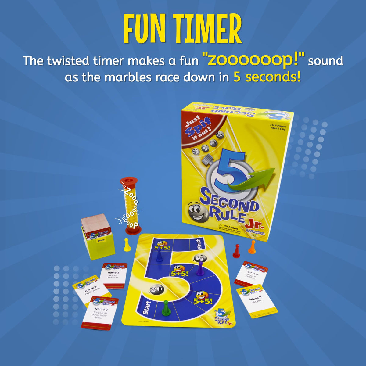 Family around a table enjoying a fast-paced 5 Second Rule Jr. play area.