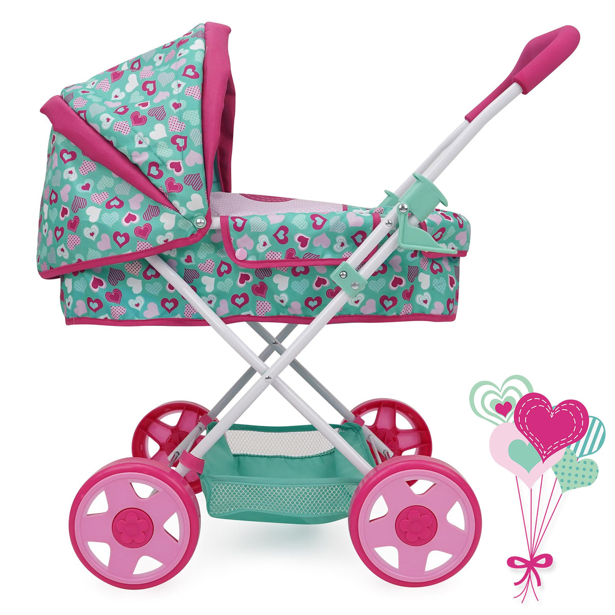 509 Mint Heart Daisy pram large undercarriage basket for accessories