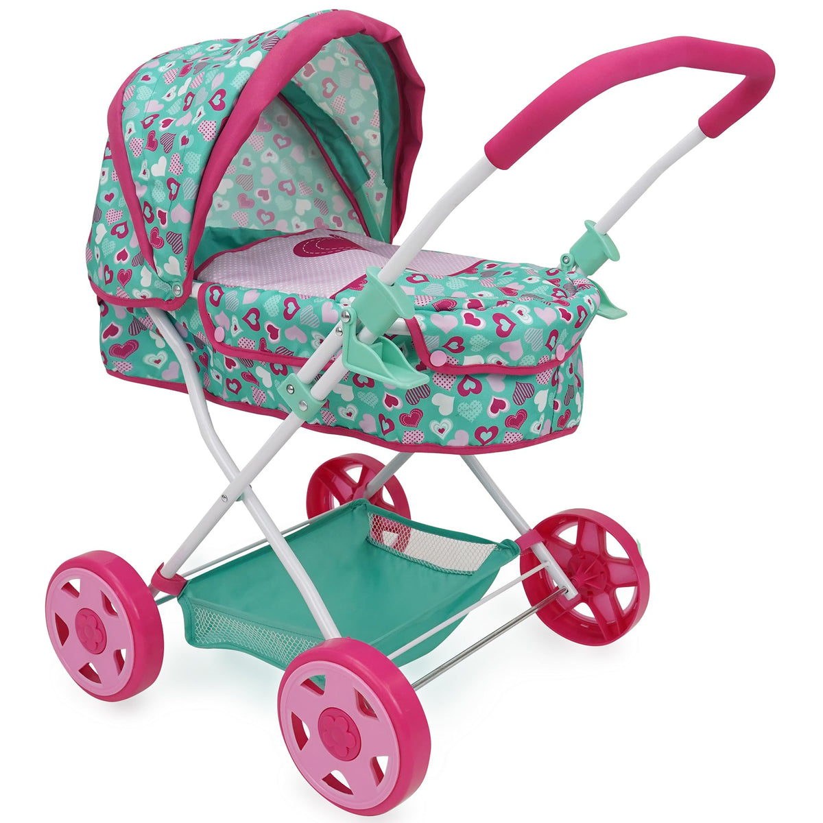 509 Mint Heart Daisy pram in pink and green for imaginative pretend play