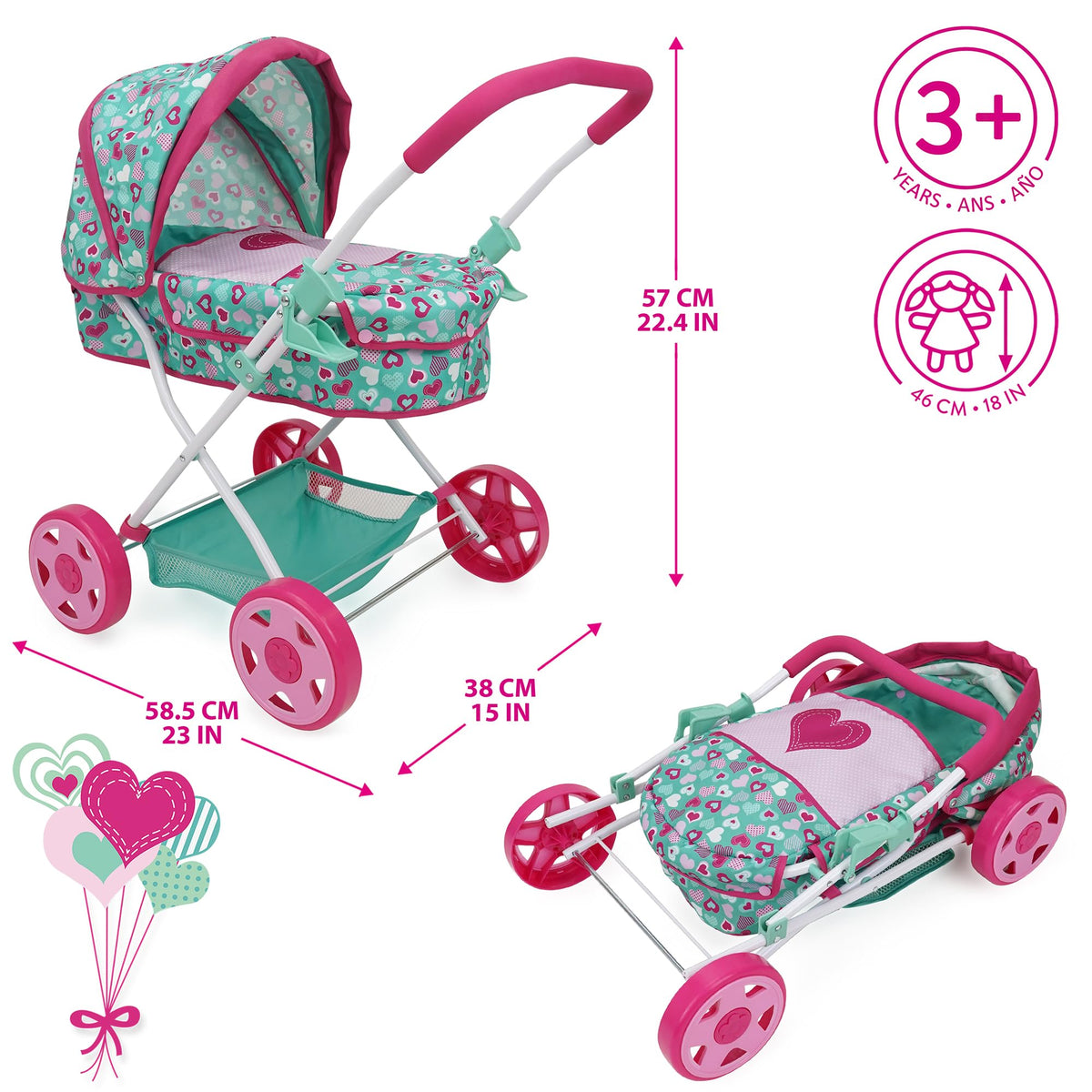 509 Mint Heart Daisy pram retractable canopy shading a sunny stroll