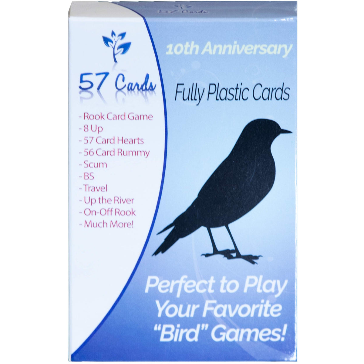 57 Cards plastic bird deck with blue back for rook and trick-taking games.
