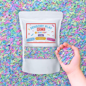 7 Days of Play pastel rainbow sensory rice for colorful bins and scooping play.