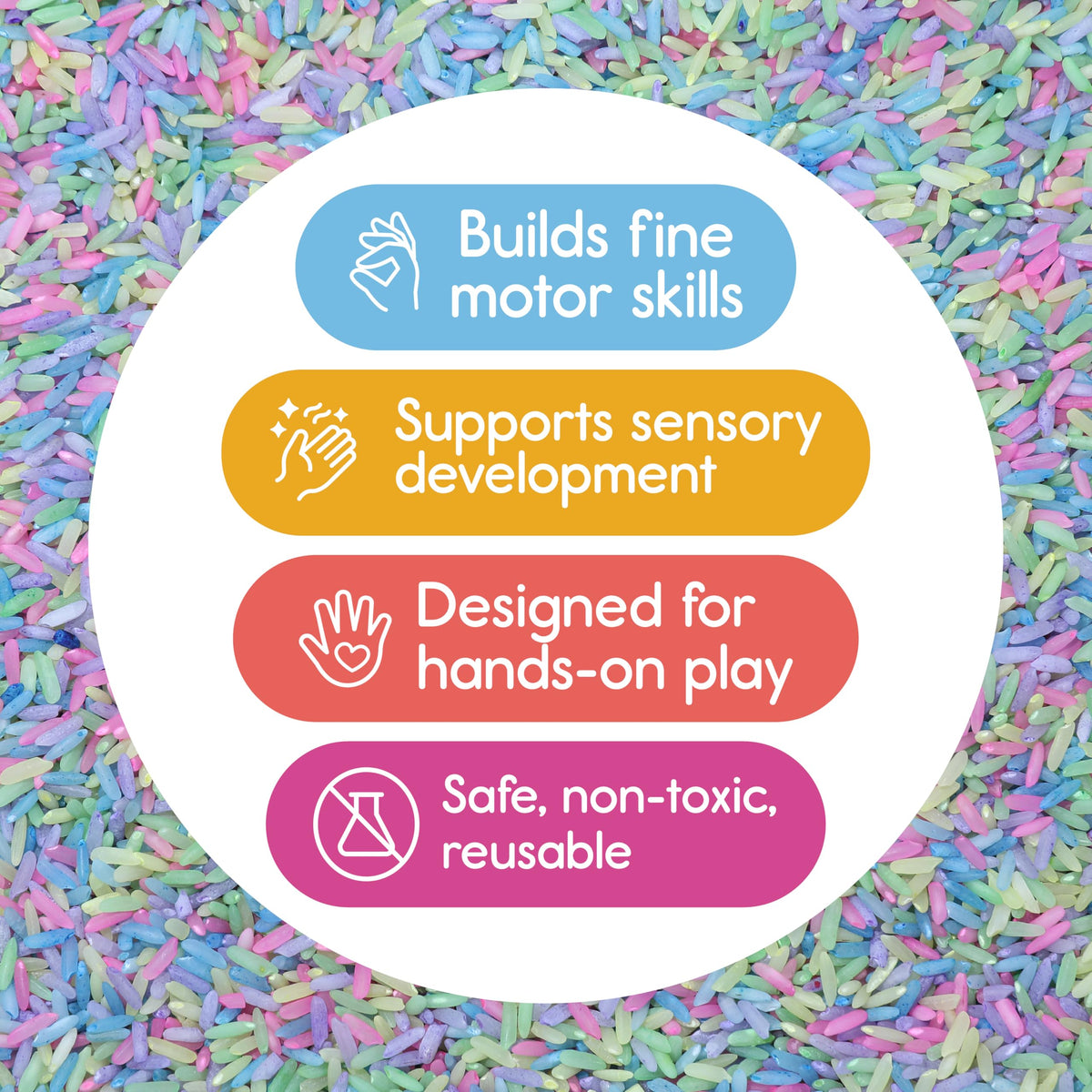 7 Days of Play spring colors sensory rice supports pouring and sorting play.