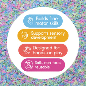 7 Days of Play spring colors sensory rice supports pouring and sorting play.
