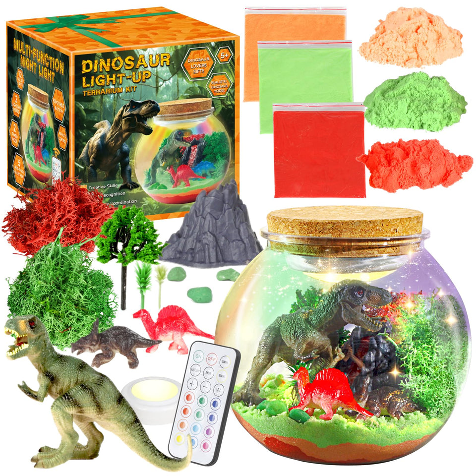 7july Dinosaur Terrarium Kit with dinosaur toys for imaginative play.