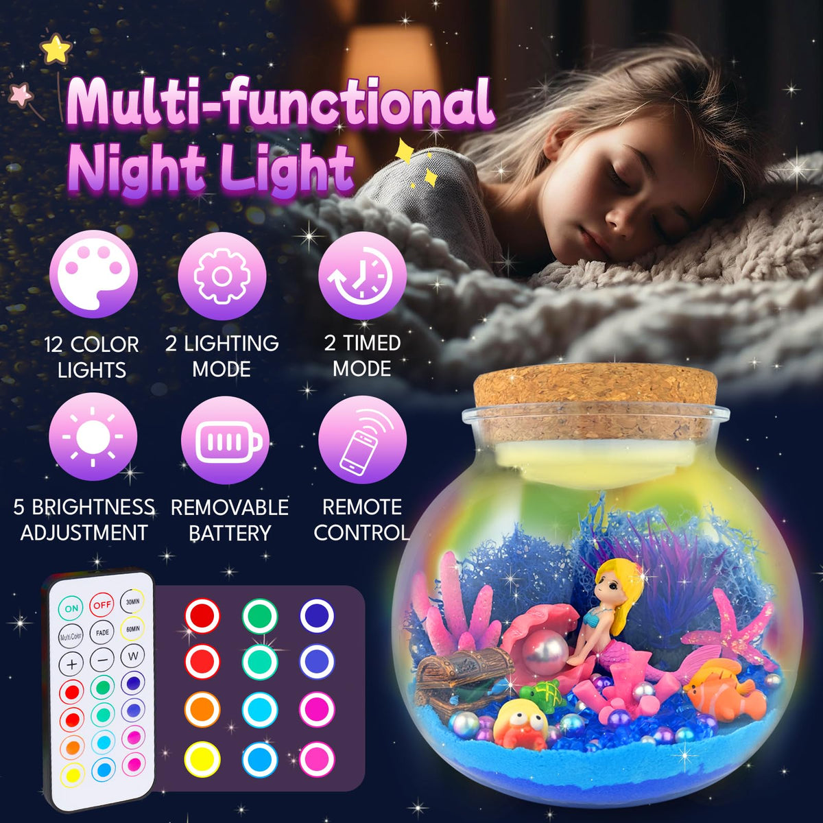 7july mermaid terrarium night light glows softly for bedtime.
