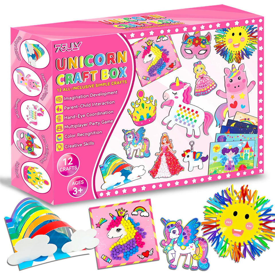 7july unicorn craft box open with colorful supplies for imaginative play.