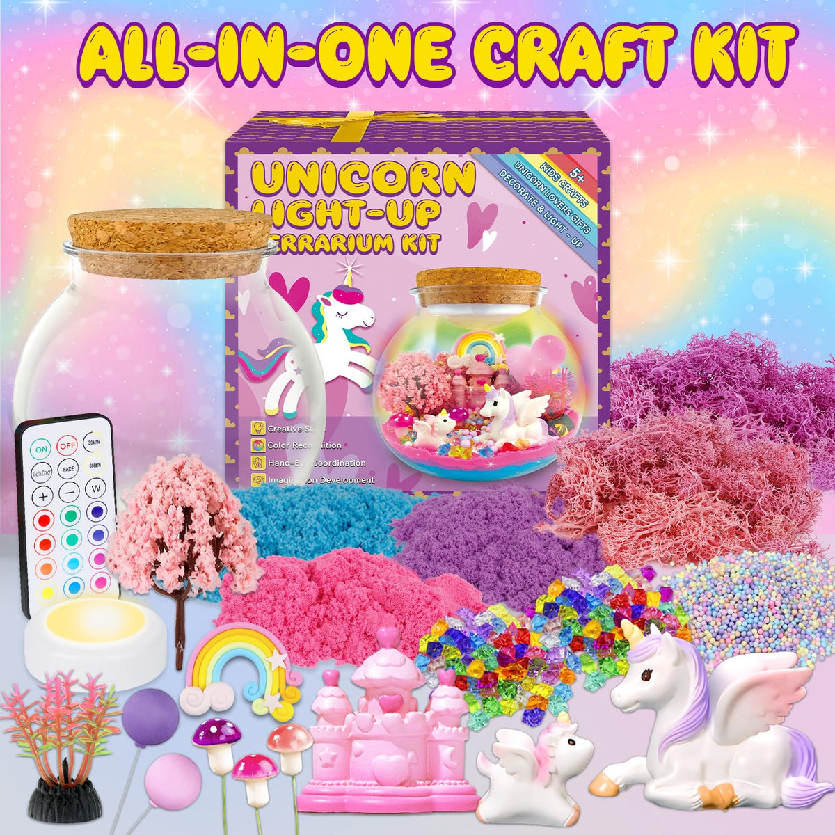 7july Unicorn Terrarium Kit sparkling crystals add magical sparkle to scenes.