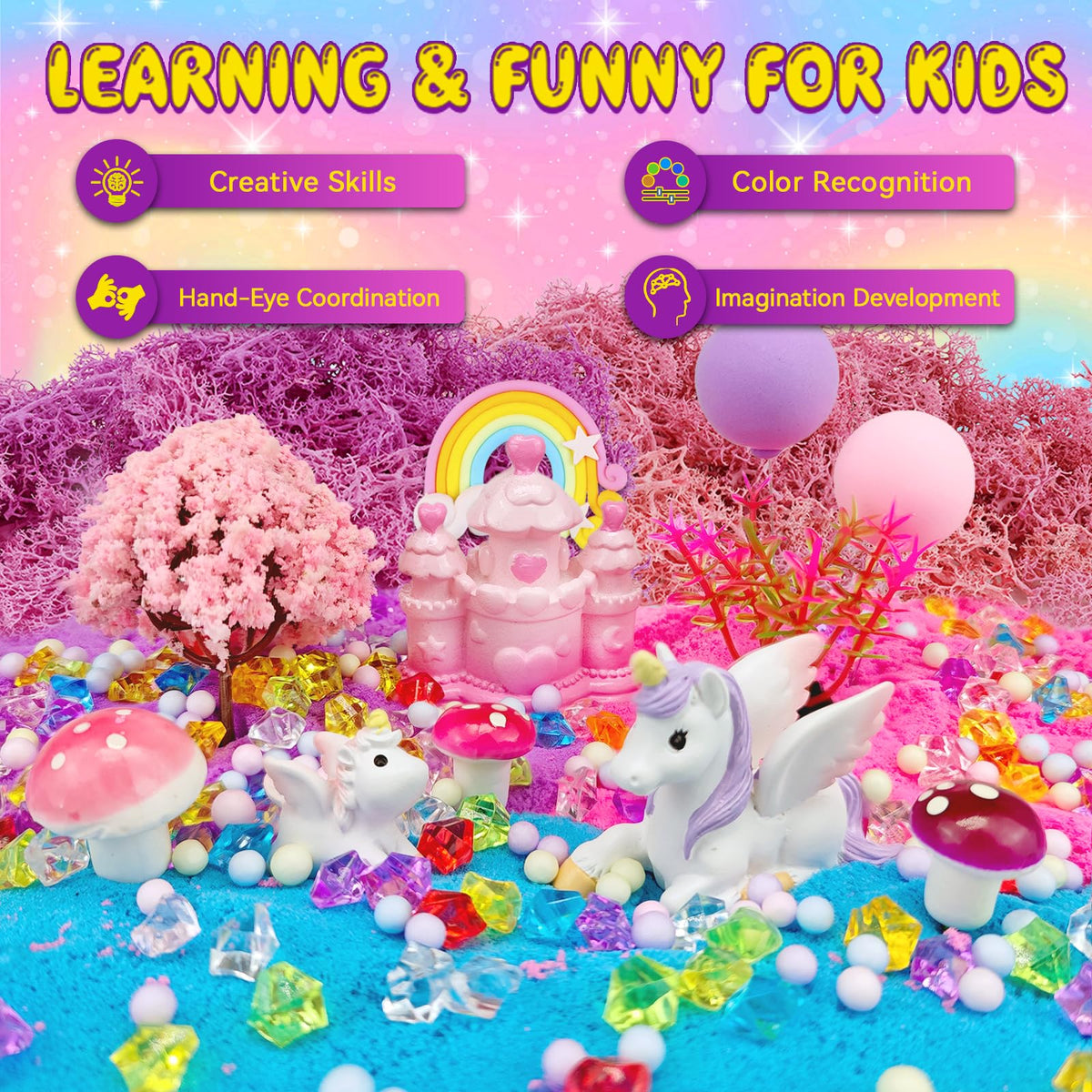 7july Unicorn Terrarium Kit LED night light provides cozy, kid-friendly ambiance.