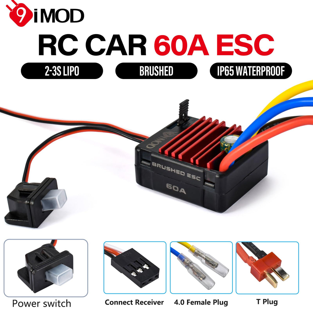 9imod power-witch-wp1060 RC ESC label highlights 2-3S LiPo compatibility and branding.