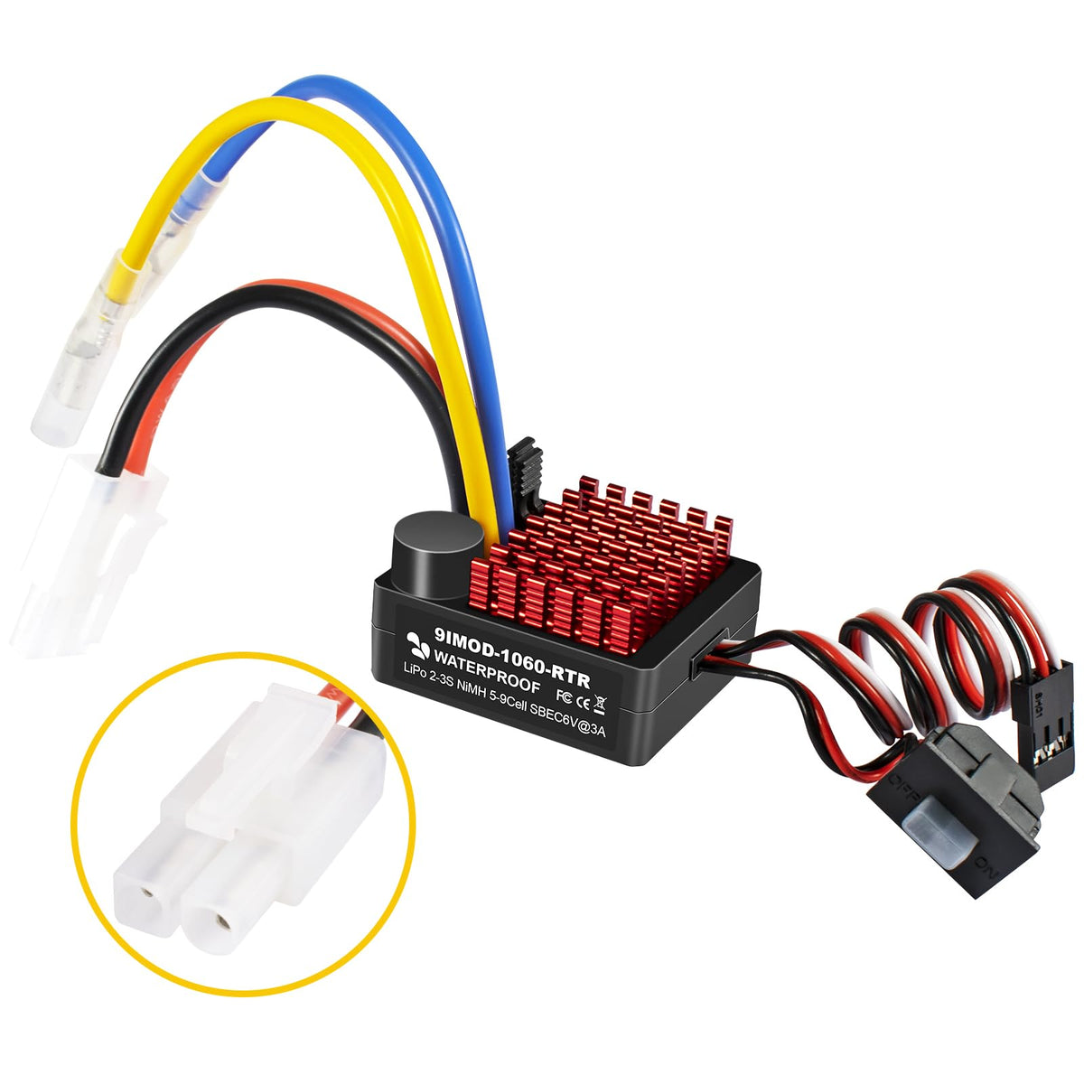 9IMOD WP1060 ESC front view shows compact waterproof housing for 1/10 scale crawlers on rugged trails