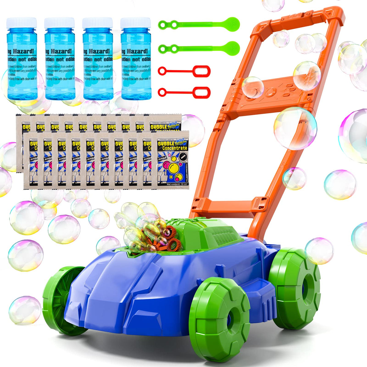 Bennol Bubble Lawn Mower toy blowing colorful bubbles outdoors for outdoor fun.
