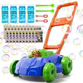 Bennol Bubble Lawn Mower toy blowing colorful bubbles outdoors for outdoor fun.