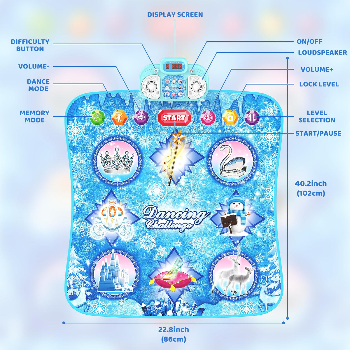 Eterfun blue dance mat showing LED scoreboard and music play for engaging activities.