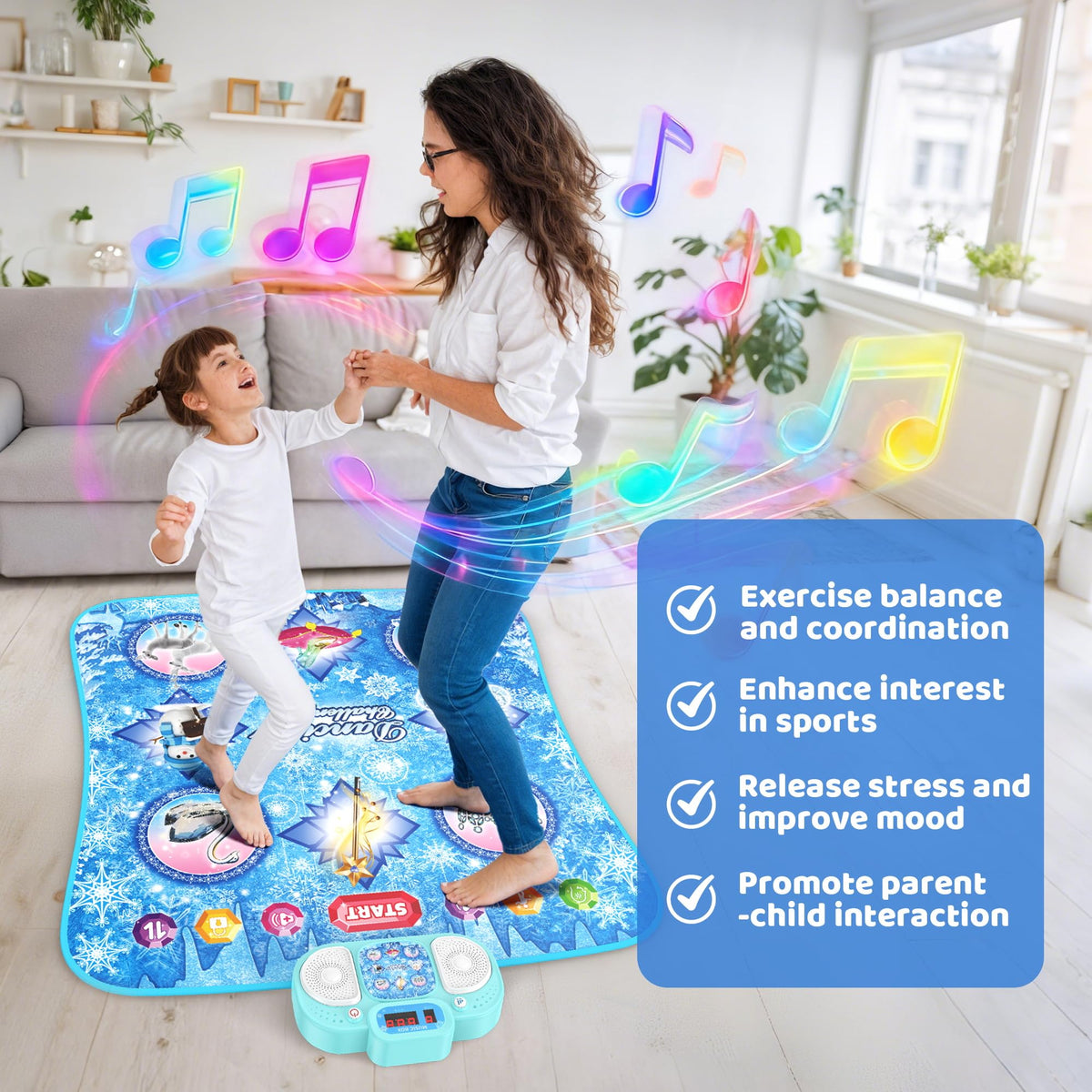 Eterfun blue dance mat highlighting multiple modes and music for interactive play.