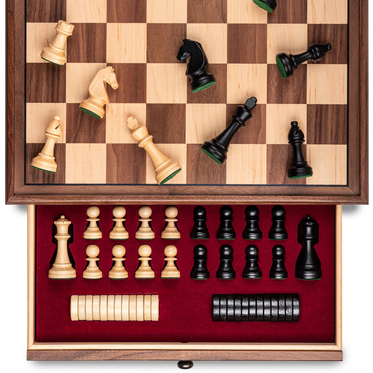 A&A 15-inch walnut chess board with maple inlay, durable and elegant.