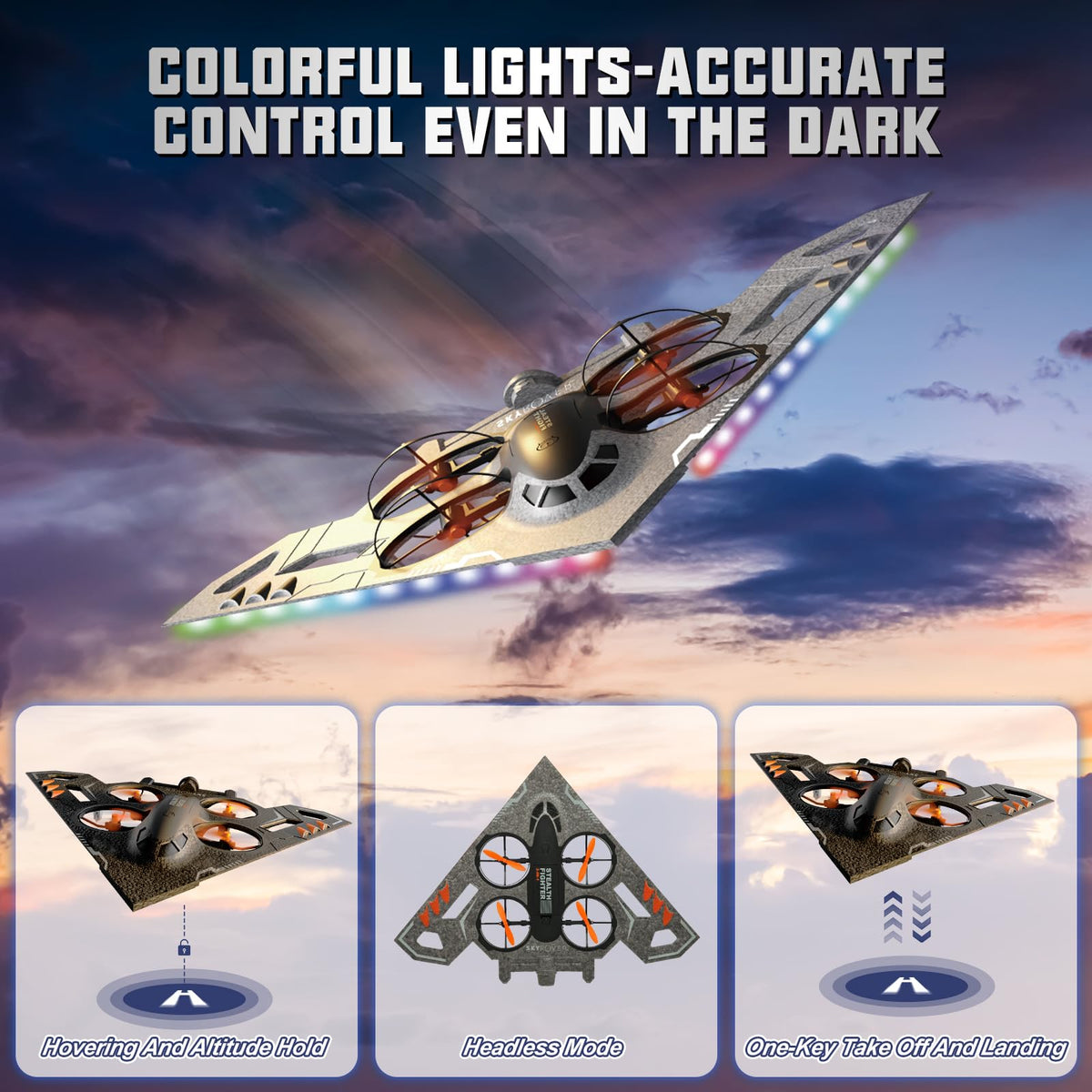 A Alpha RC Jet in air mode with bright LEDs during flight.