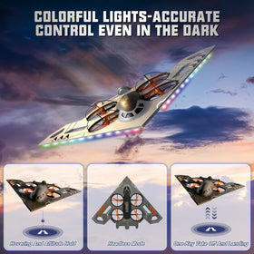 A Alpha RC Jet in air mode with bright LEDs during flight.