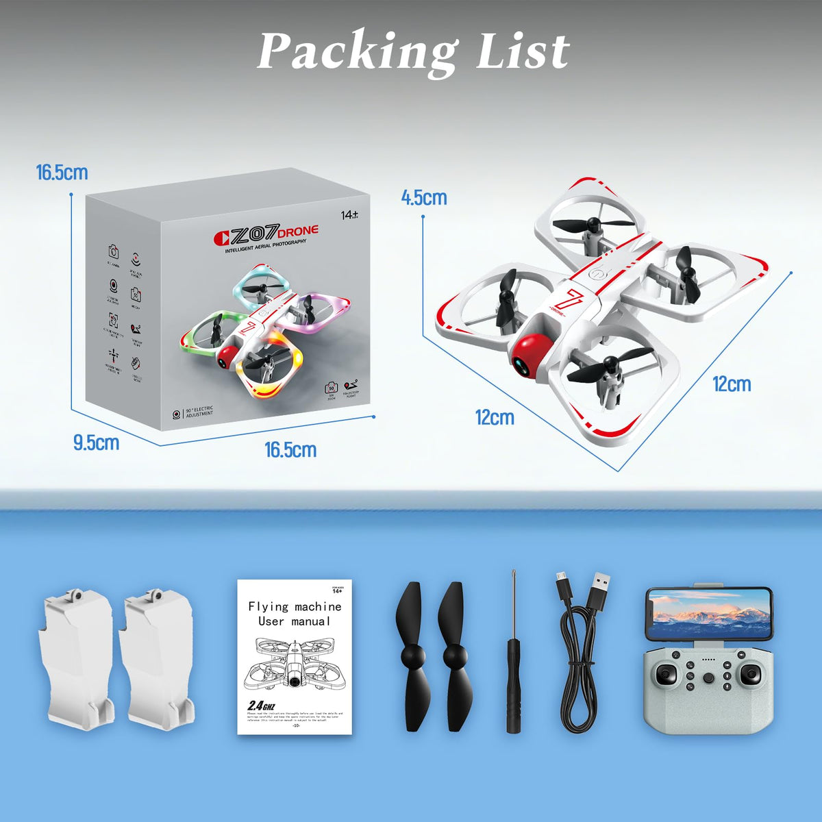 A ALPHA compact packaging shows batteries and spare props included.