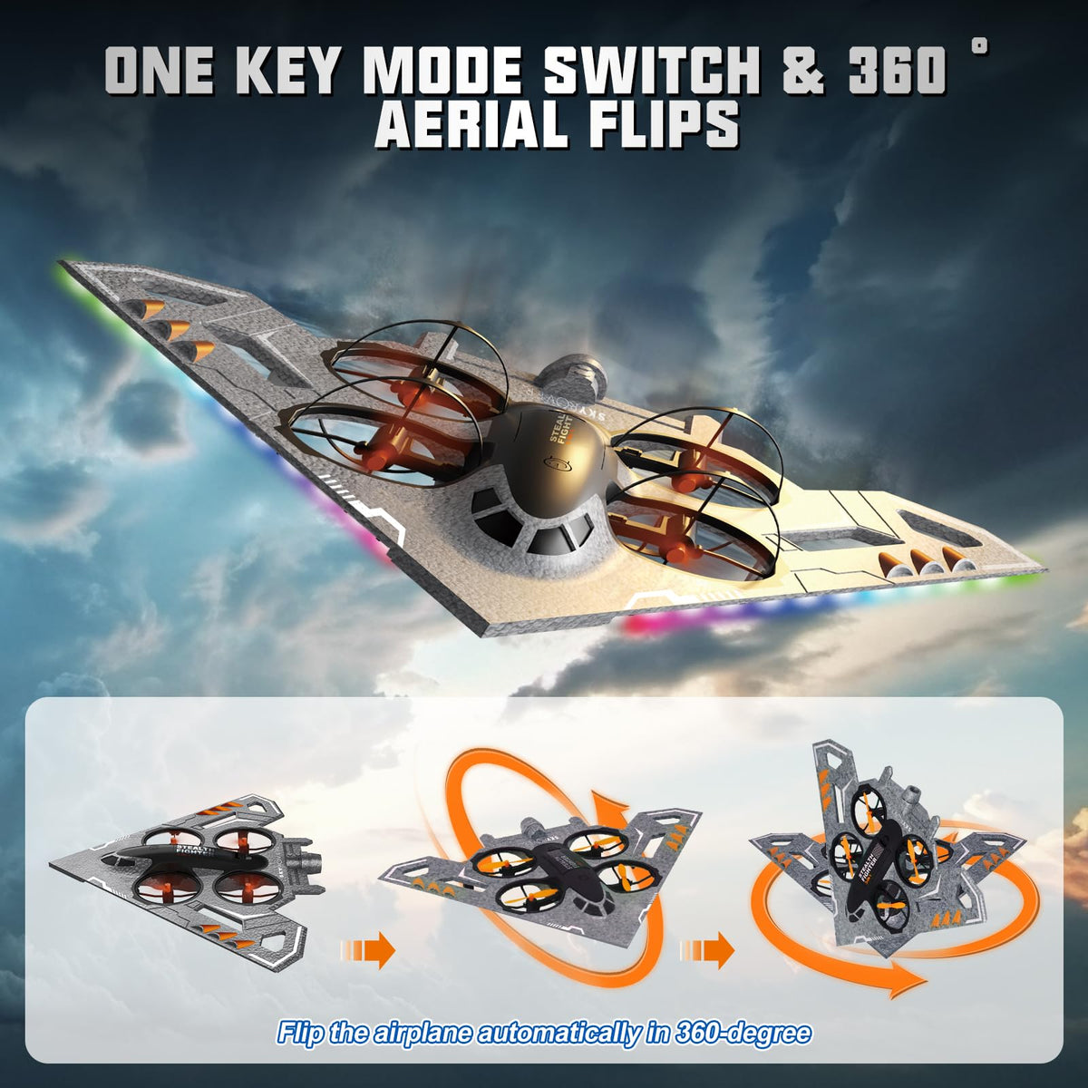 A Alpha RC Plane LED lights boosting visibility for dusk or indoor use.