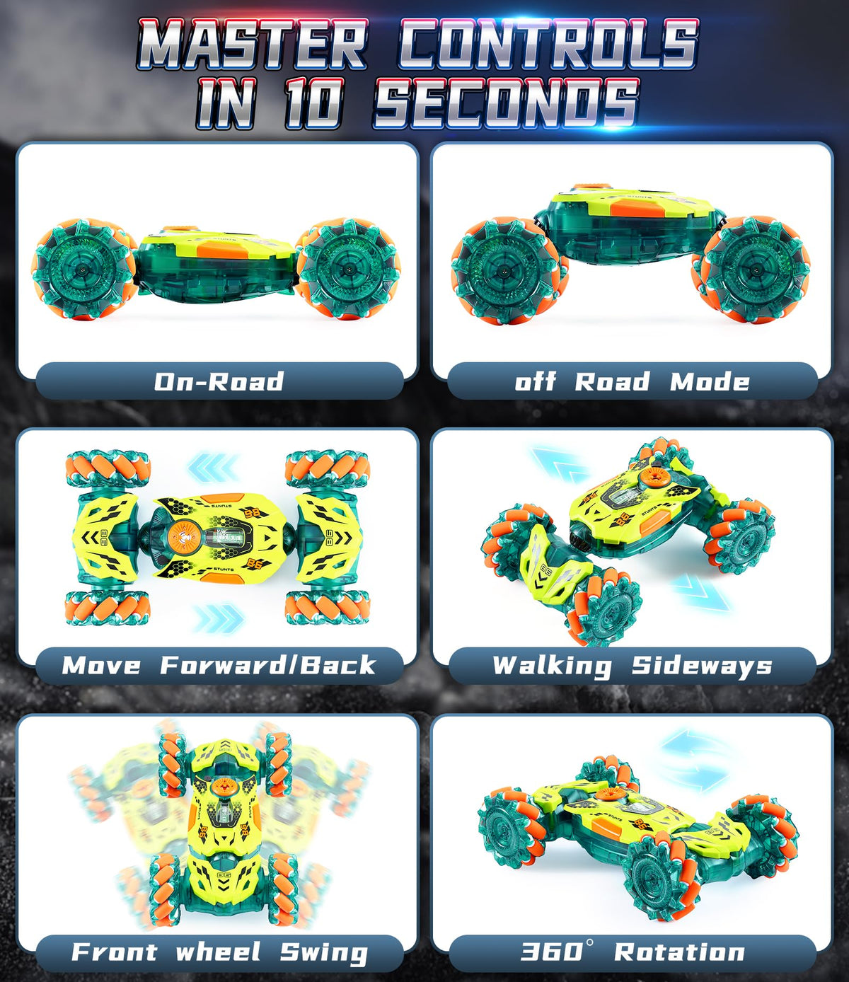 A ALPHA RC car with colorful lights and music for immersive play.