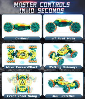 A ALPHA RC car with colorful lights and music for immersive play.