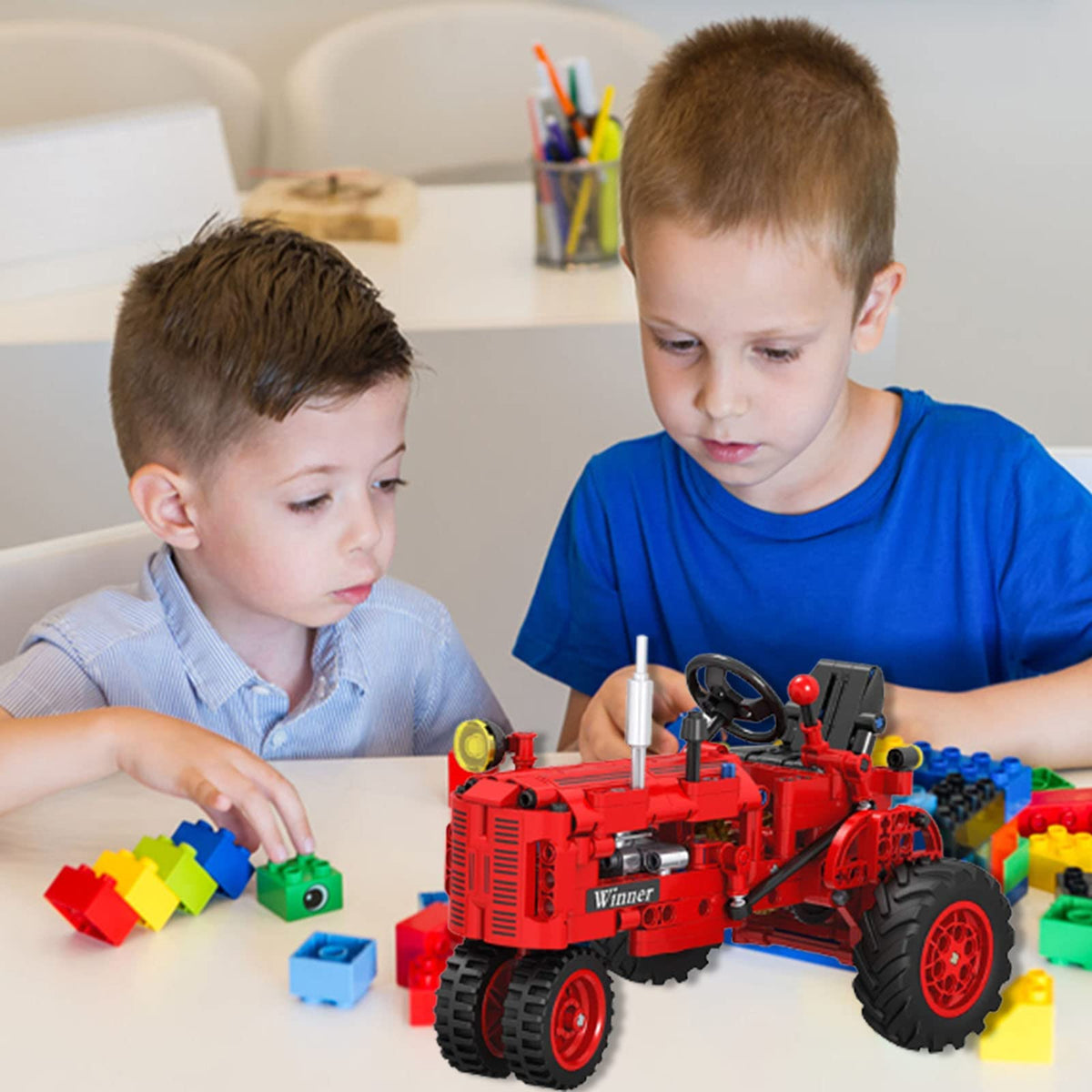 A XINAO TOYS Finished-tractor model on display inspires family playtime.