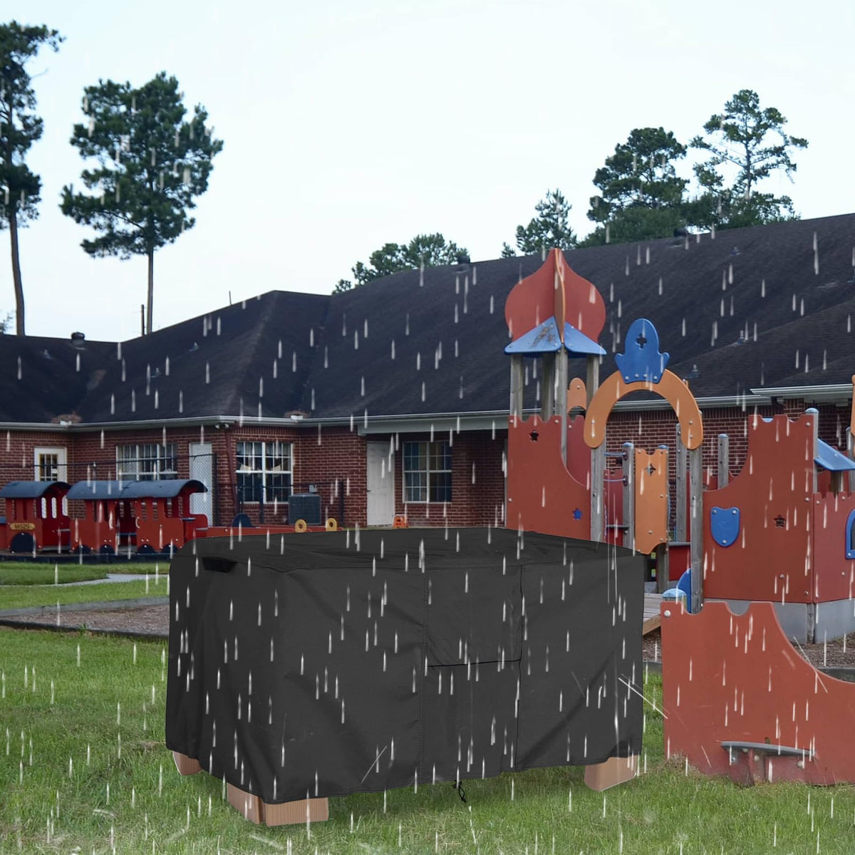 Aacabo UV-protective cover helps minimize sun exposure on sand table surfaces.