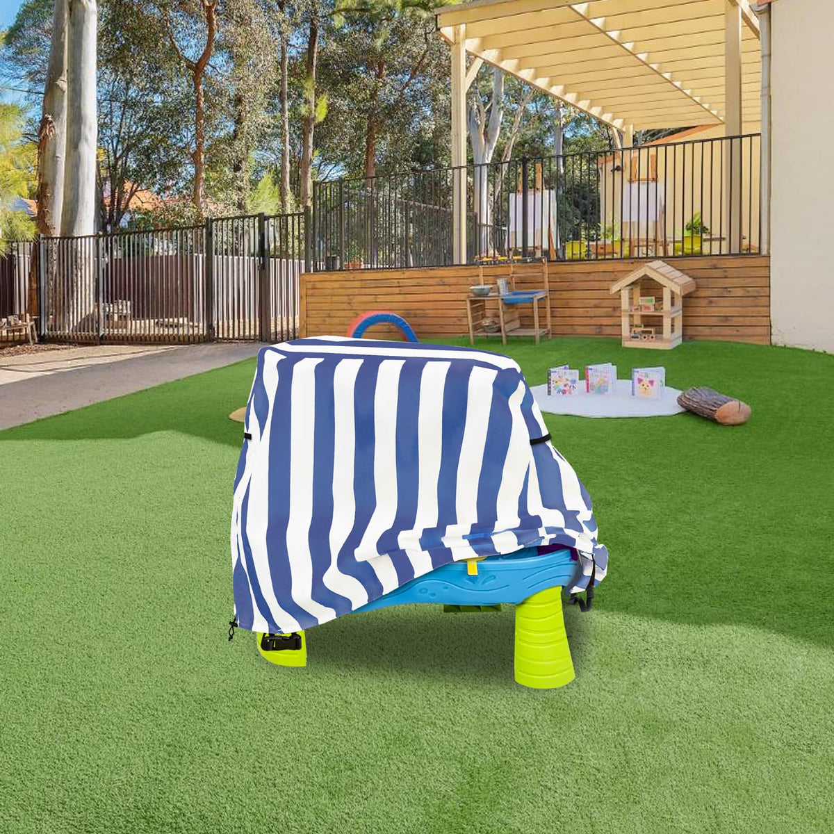 Aacabo water table cover demonstrates easy on/off for indoor or outdoor use