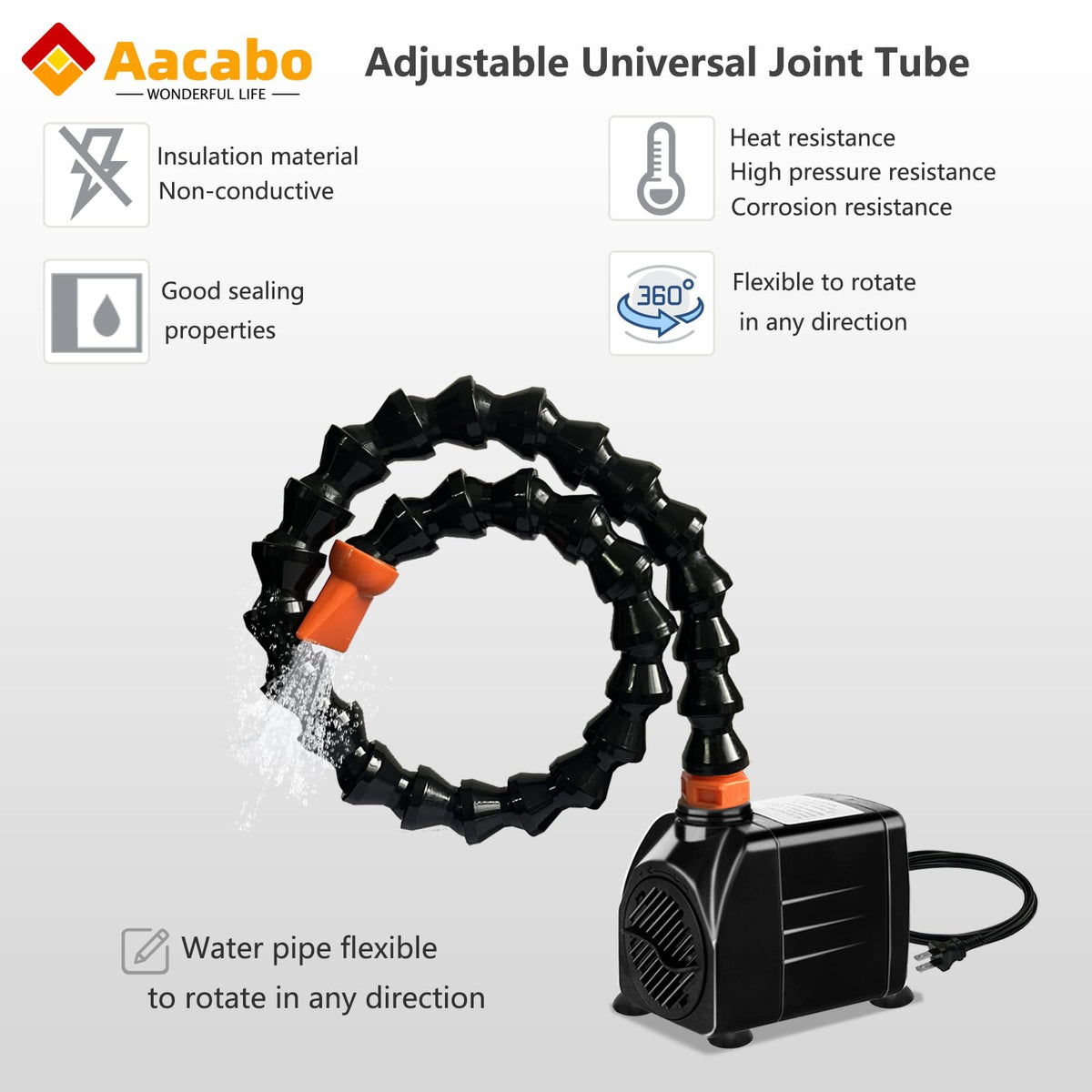 Aacabo pump's gimbal outlet offers flexible positioning for varied water play.