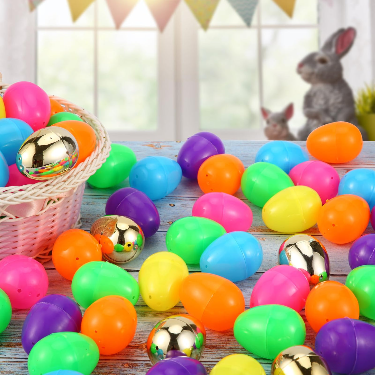 Abakuku colorful eggs in yellow, green, orange, blue, purple for prizes.