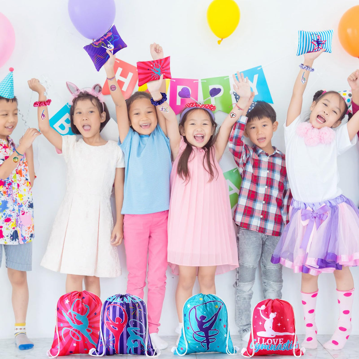 Abbylike gymnastics party decorations create a lively themed atmosphere.