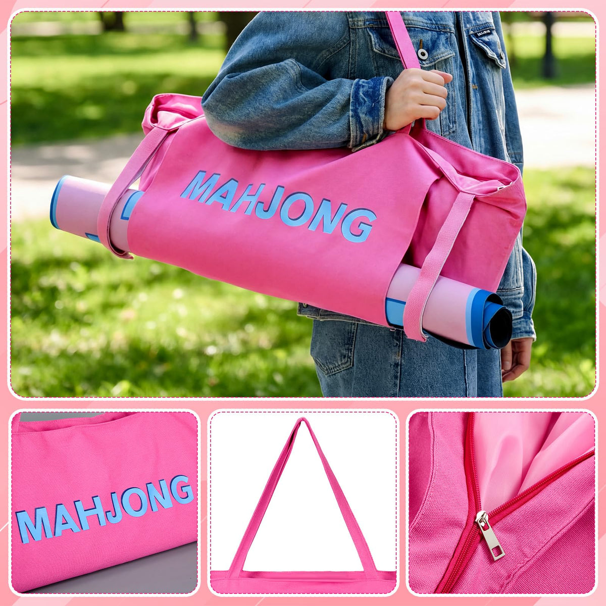 Abbylike front pocket stores rolled mahjong mat for ready setup.