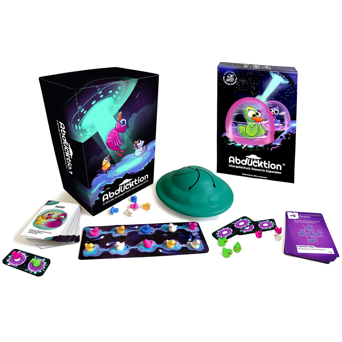 Abducktion bundle base box shows all-in-one setup for quick, engaging game nights.
