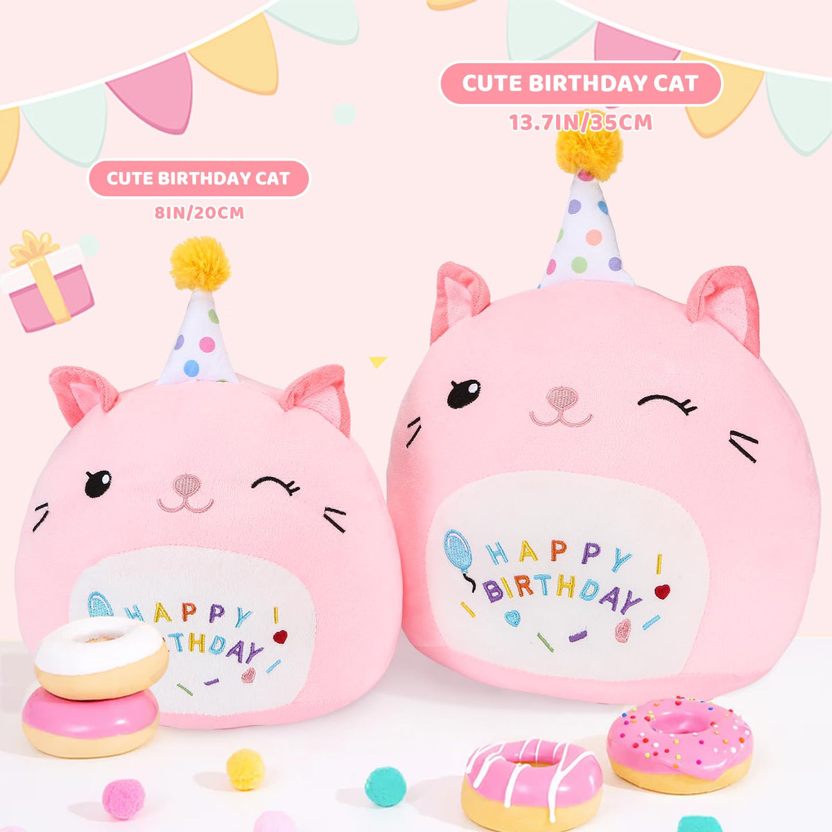 ABEARCAR birthday cat plush hat closeup with festive expression for celebrations.