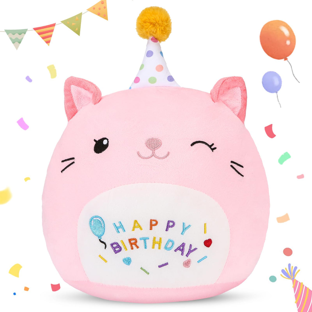 ABEARCAR Birthday Cat Plush Pillow in pink, large size for hugs and decor.