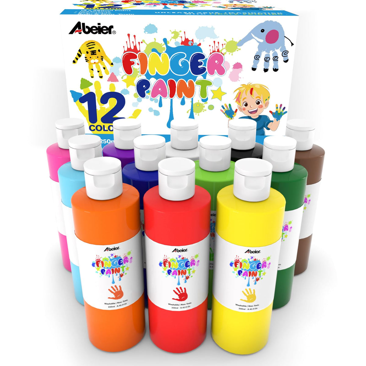 ABEIER washable finger paint bulk pack with 12 colors for kid-friendly art