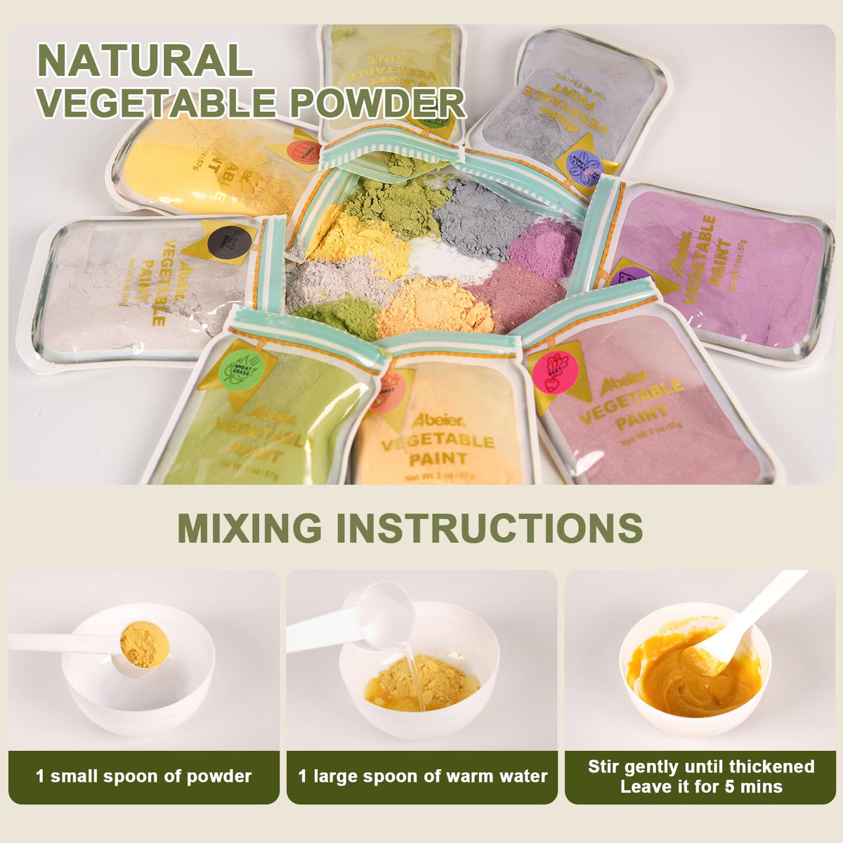 ABEIER finger paints powder dark green spinach—nature-derived shade with easy washability.