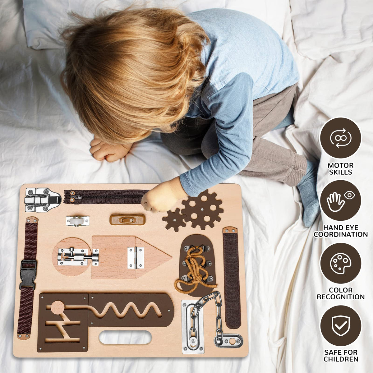 ABERLLS Busy Board gears section supports dexterity through turning and twisting actions.