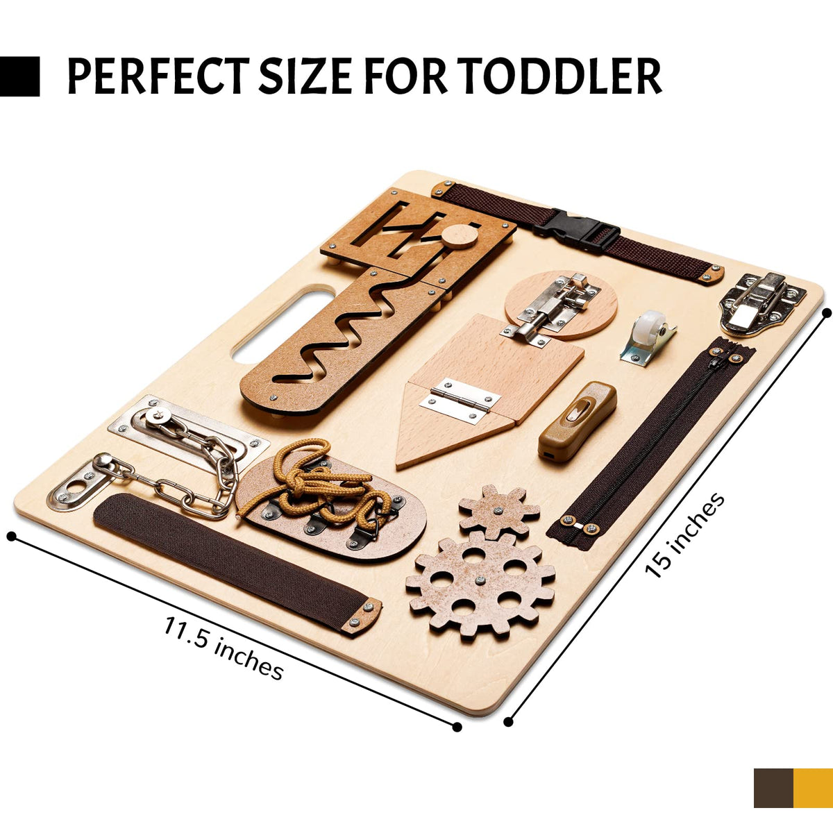 ABERLLS Busy Board with Velcro pieces encourages tactile play and grip practice.