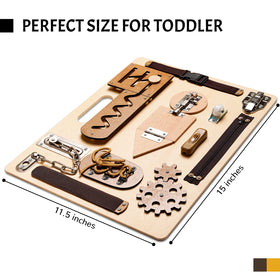 ABERLLS Busy Board with Velcro pieces encourages tactile play and grip practice.