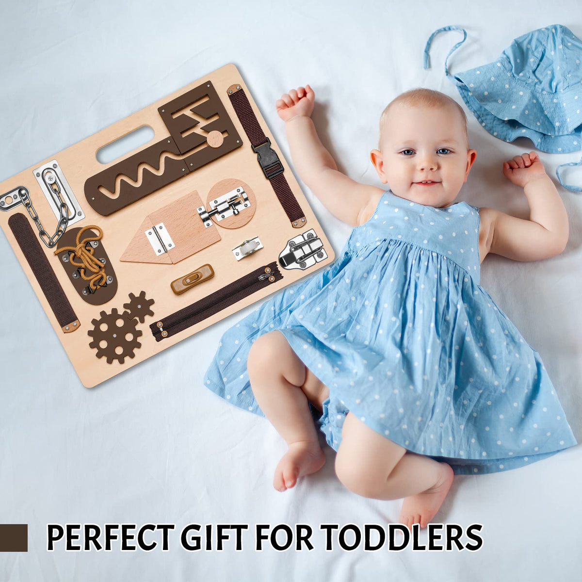 ABERLLS Busy Board zipper encourages hand-eye coordination during pretend dressing.