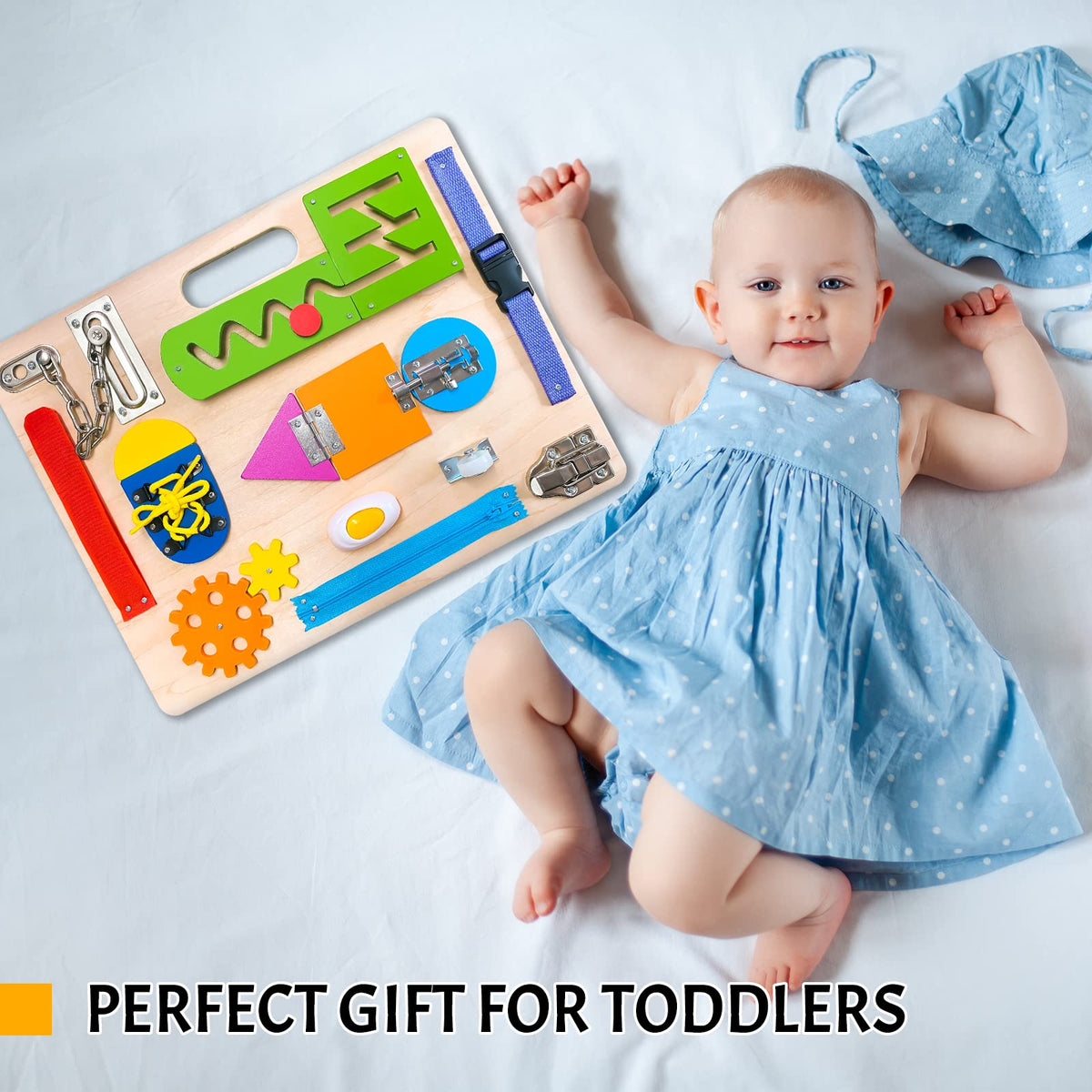 ABERLLS Busy Board zipper helps finger strength and sequencing for tasks.
