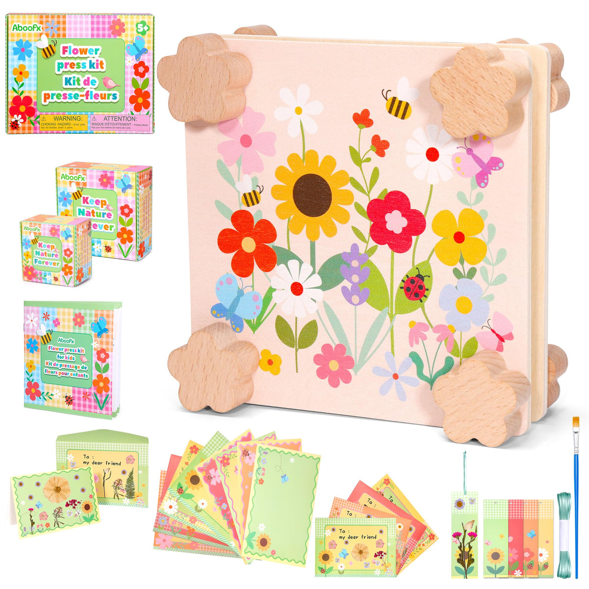 Aboofx Creativity Pressed Flower Kit with wooden press plates enables quick, kid-safe flower pressing.