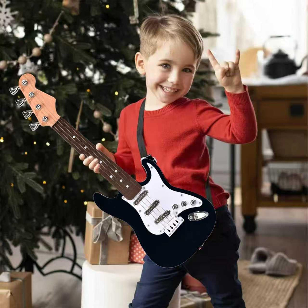 Abundant Financial Resources mini guitar with strap in black, easy to carry during outdoor play.
