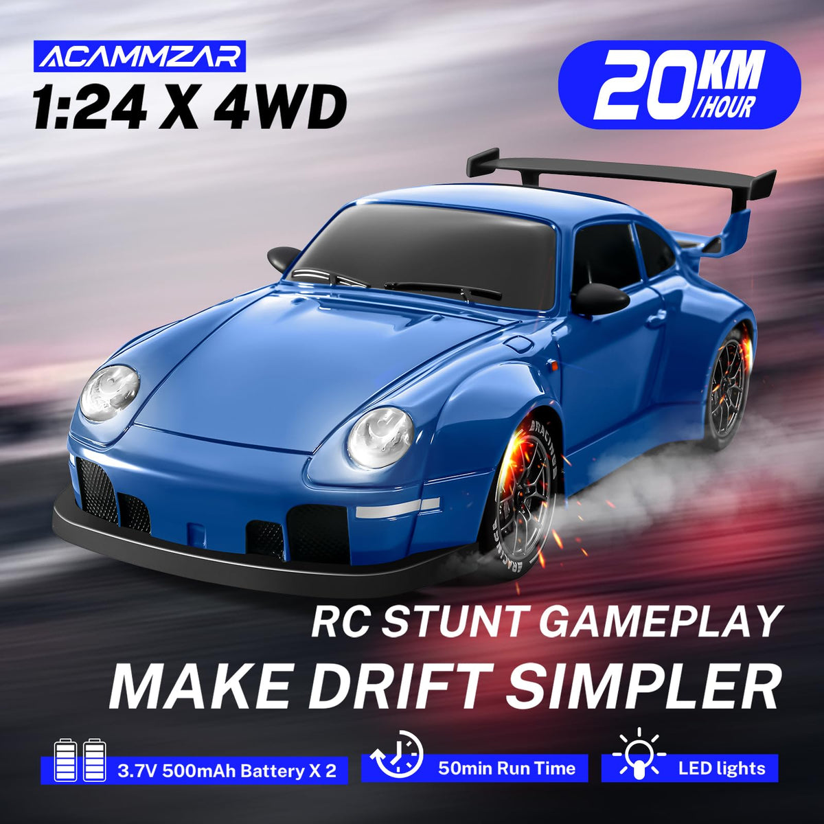 ACAMMZAR RC drift car 1:24 side view shows compact home racer.