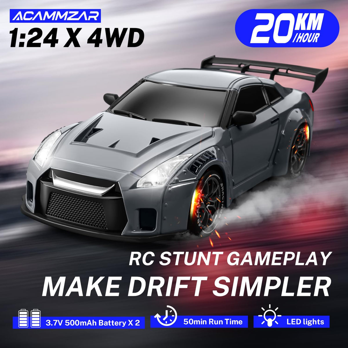 ACAMMZAR RC drift car 1:24 top view shows compact racing footprint.