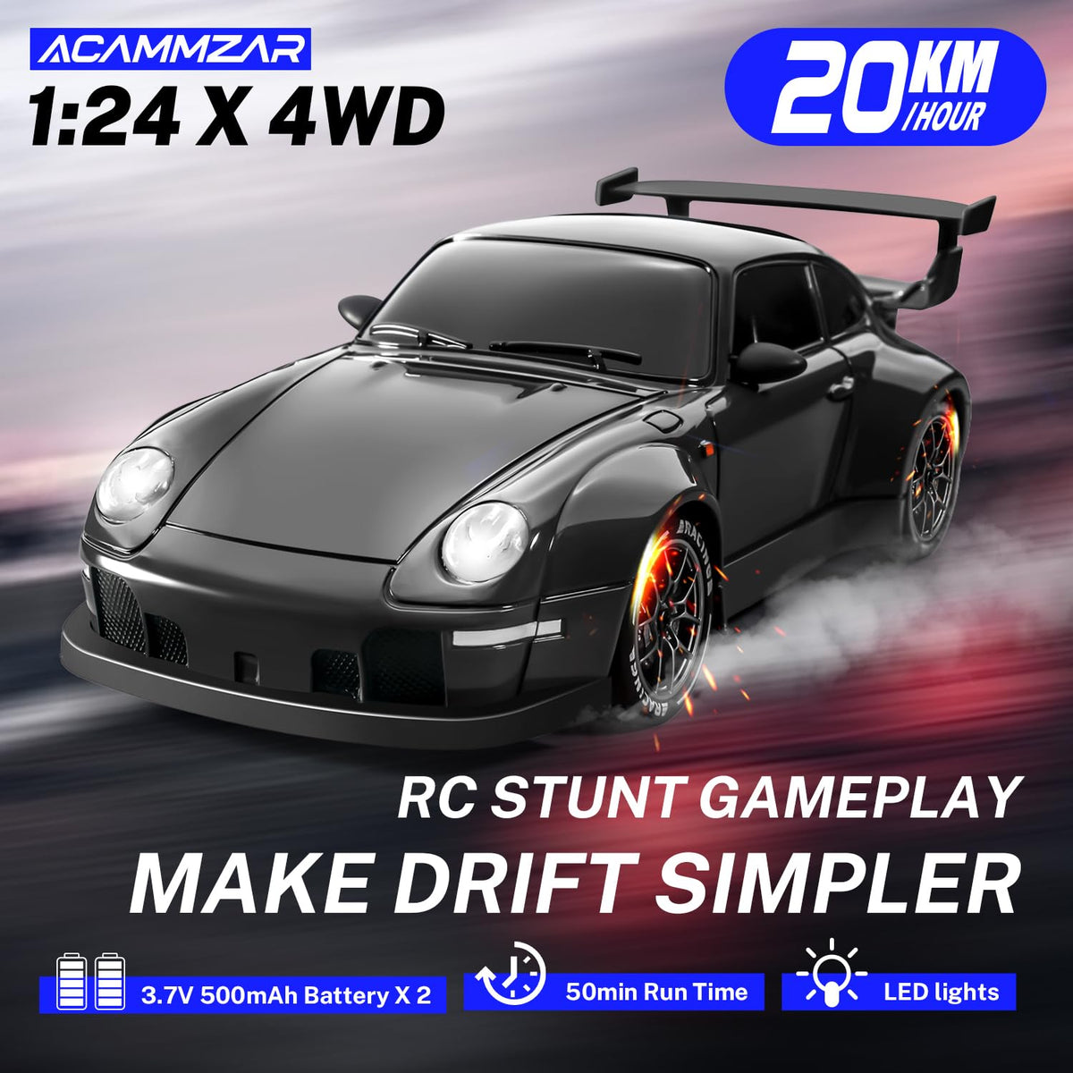 ACAMMZAR RC drift car side view shows drifting stance for smooth turning.