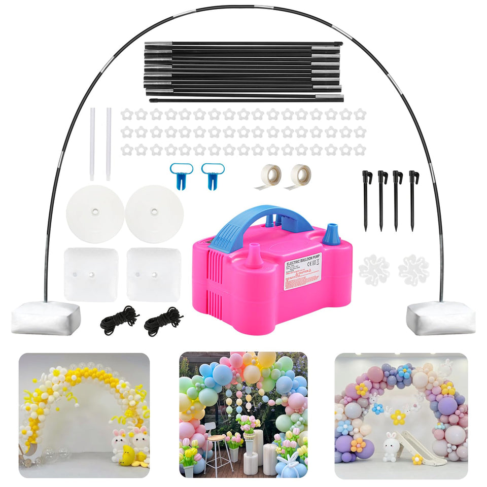 Acclsoop balloon arch kit electric pump enables quick inflation and easy setup.